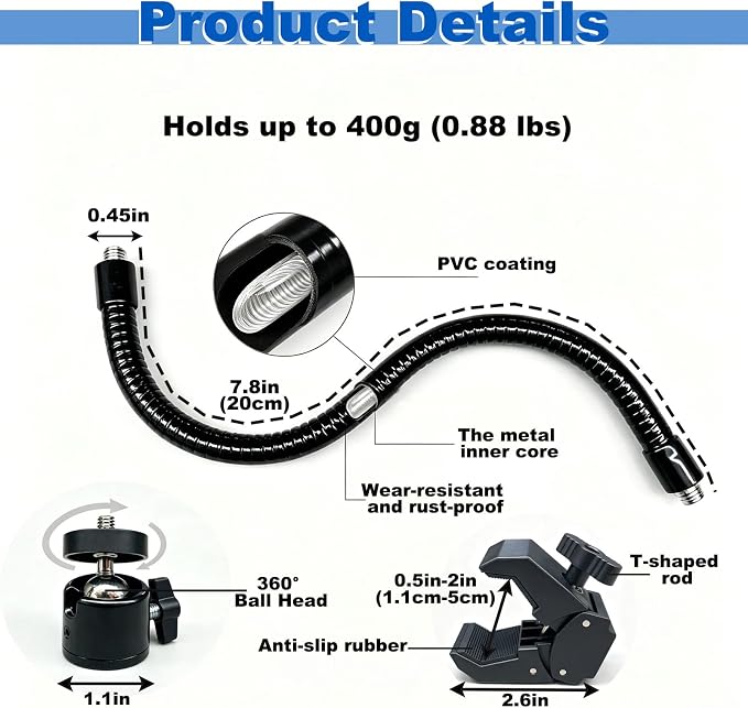 20cm Gooseneck Clamp Camera Mount with 1/4" Screw & 360° Ball Head | Flexible Clip Mount for Handlebar, Desk, Tube, Cross Bar – Compatible with GoPro, Ring, Google Nest, Wyze, Arlo - Image 2