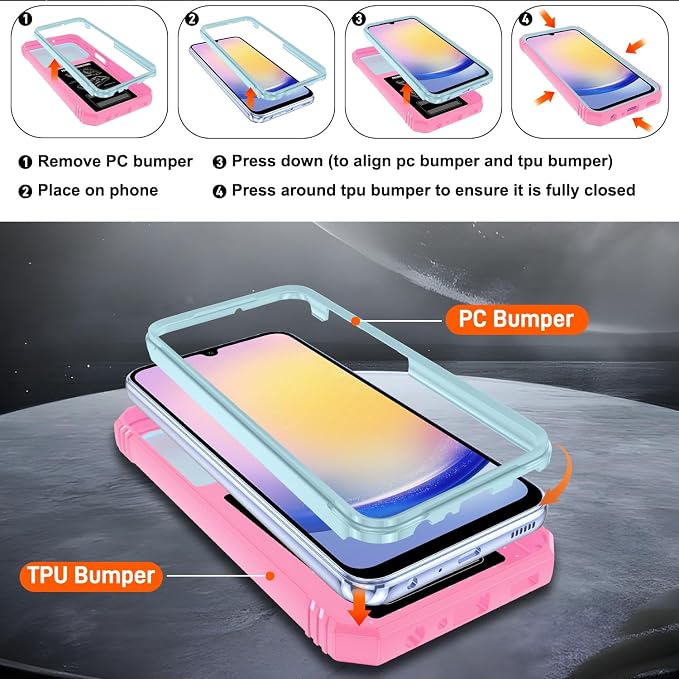 Fit for Samsung Galaxy A25 5G Phone Case with 2PCS Screen Protector, Build in 360° Rotating Ring Kickstand, Military Grade Protective Case for Samsung A25 Case Phone, Green+Pink - Image 3