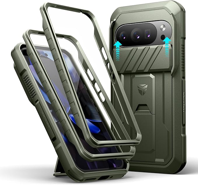 Dexnor for Google Pixel 10/10 Pro Case with Slide Camera Cover & 2 Front Frames & Built-in Screen Protector & Kickstand, Full-Body Shockproof Protective Cover Rugged Bumper Cases,Army Green(2025) by Dexnor