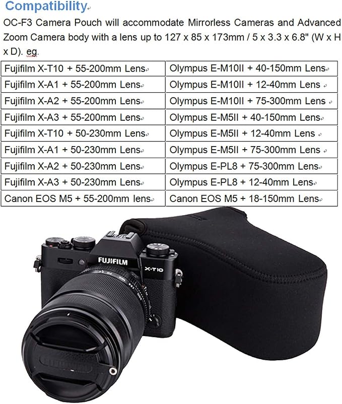JJC Black Ultra Light Neoprene Camera Case for Fujifilm Fuji X-T100 X-T30 X-T20 X-T10 +50-200mm/50-230mm Lens, Pouch Bag for Olympus E-PL8 E-M5II E-M10 II, Canon M50 M5 with Telephoto lense - Image 2