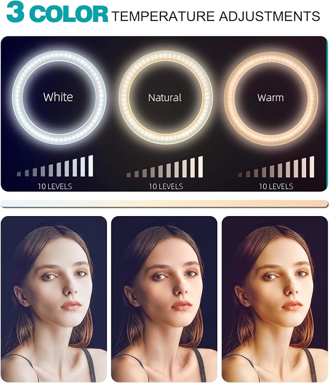 10" Selfie Ring Light with 10" Stand and 60" Selfie Stick, 3 Color Light Adjustment Suitable for Phones and Cameras, Makeup/Live Streaming/Taking Photos - Image 2