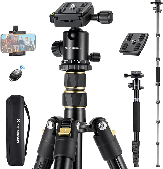 K&F CONCEPT 72" Aluminum Tripod for Camera | Remote & Extra QR Plate, Tripod Monopod for DSLR/Phone, Lightweight Foldable Travel Tripod, TM2324 by KFCONCEPT