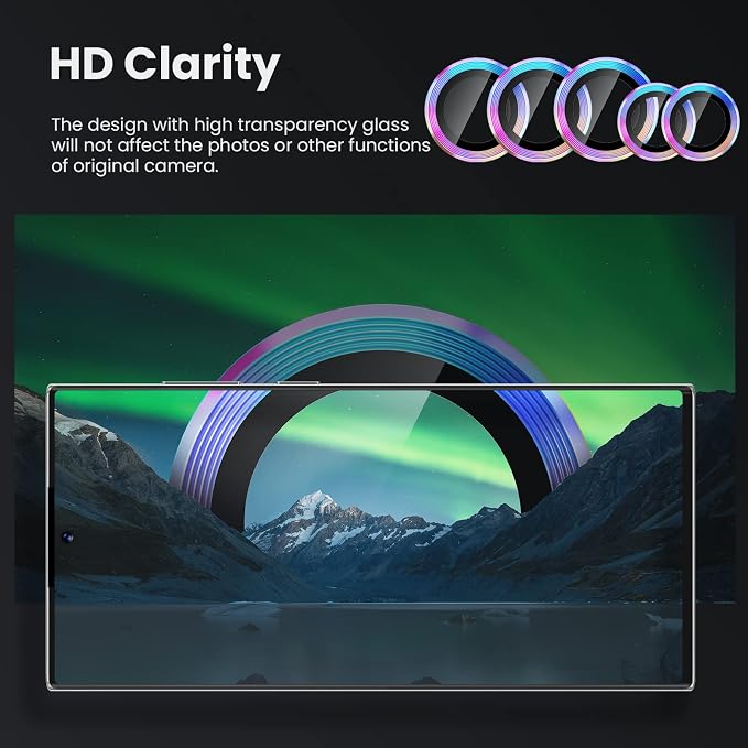 Tensea Compatible with Samsung Galaxy S22 Ultra Camera Lens Protector | 9H Tempered Glass Camera Cover Screen Protector Metal Individual Ring [Installation Tray][Case Friendly] - Image 5