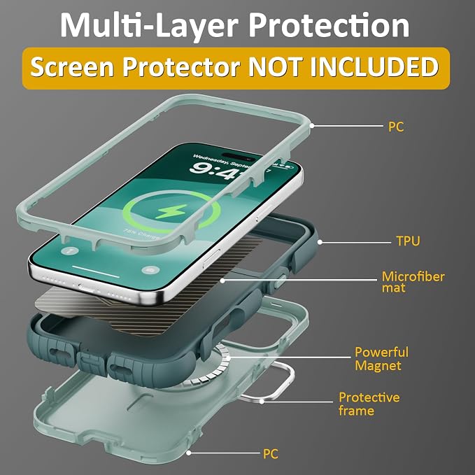 Follaroma Magnetic for iPhone 17 Pro Max Case with Camera Cover Stand,Green | Built-in Glass Camera Cover Stand,Compatible with MagSafe,Heavy Duty Shockproof Protective,Military-Grade Anti-DropDual Case - Image 6