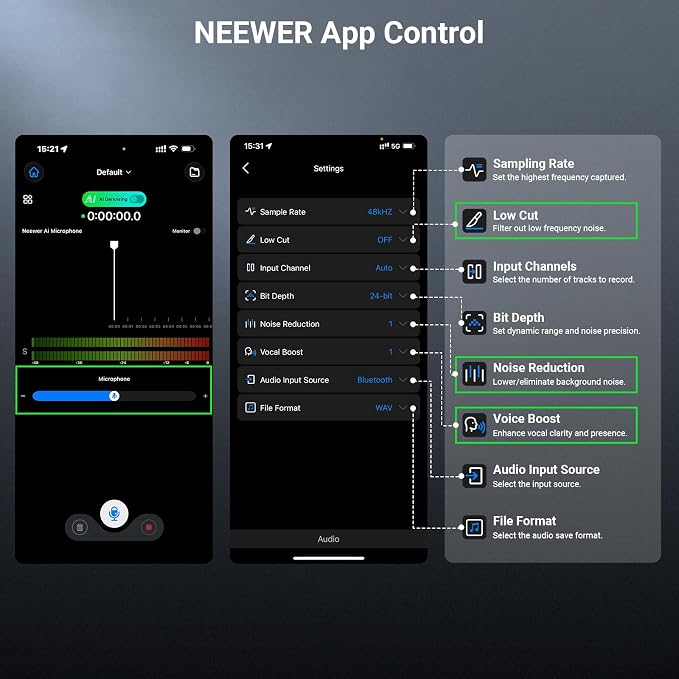 NEEWER CM26 Pro AI Wireless Microphone Compatible with iPhone Android Phone Camera PC, Lavalier Lapel Mic DSP/MCU Noise Cancellation Mute Gain Low Cut 48KHz/24Bit 88dB SNR 50H Battery 100m Range - Image 8