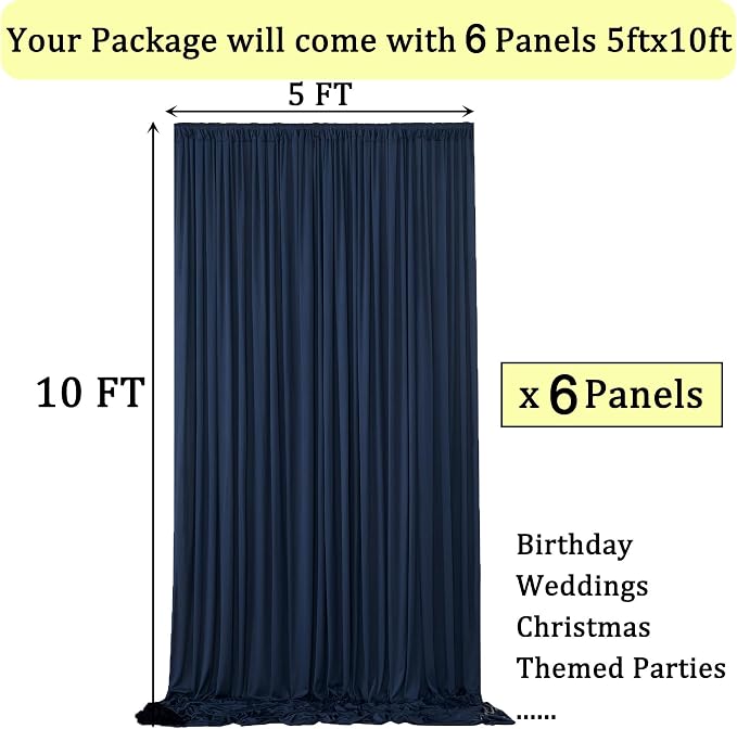 30ft x 10ft Wrinkle Free Navy Blue Backdrop Curtains for Parties, 6 Panels 5x10ft Silky Polyester Photo Backdrop Drapes for Wedding Birthday Graduation Photography Party Background Stand - Image 6