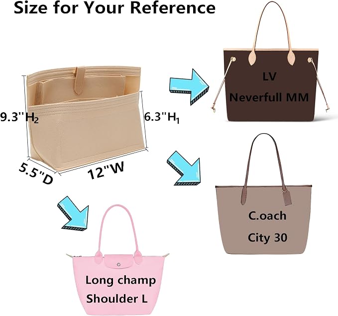 Doxo Purse Organizer Insert for Handbags, Felt Neverfull MM Organizer Insert with Laptop Compartment, Tote Bag Organizer with Zipper Pocket and Bottle Holder, Fit Neverfull MM and More, Beige-L - Image 2