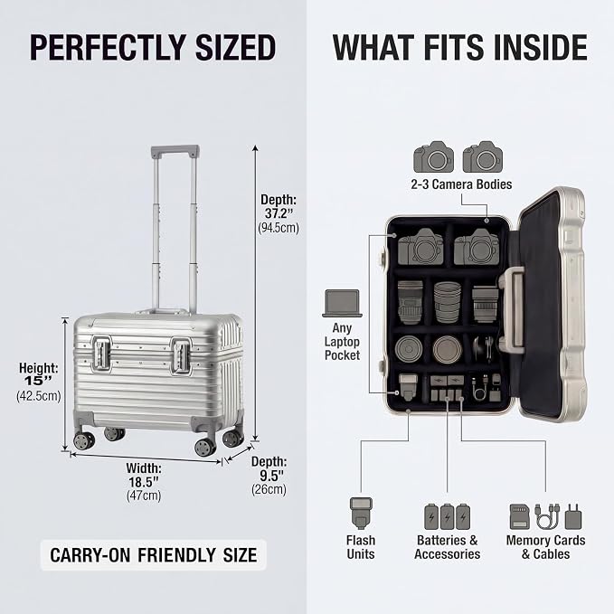 Full Aluminum Rolling Camera Bag 18" Camera Case | Wheeled Photography Gear Case, Carry-on Luggage, Dual TSA locks, Detachable Wheels & Dividers, Fits 17" laptop, DSLRs & Lens - Image 11