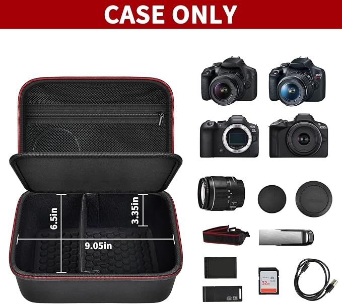 GWCASE Camera Case for Canon EOS R50 R100 T7 R5/R6 with Kit Lens, M | Shockproof EVA Hard Shell, Soft Interior; Detachable Divider, 4 Mesh Pockets; Crossbody Strap; Travel & Daily Carry,Box Only - Image 2