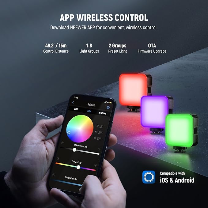 NEEWER Magnetic RGB Camera Video Light with Desk Tripod Stand & 3 Cold Shoes, Upgraded APP Control, CRI97+ 2500-8500K 2000mAh Rechargeable Photography Recording Small LED Panel Lighting, RGB62 - Image 8