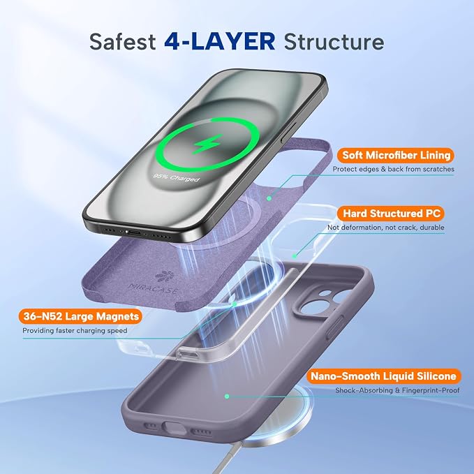 miracase Magnetic for iPhone 15 Case, [Soft Anti-Scratch Microfiber Lining], Compatible with MagSafe, Liquid Silicone Case Shockproof Drop Protection Phone Case for 15,Lavender Gray - Image 3