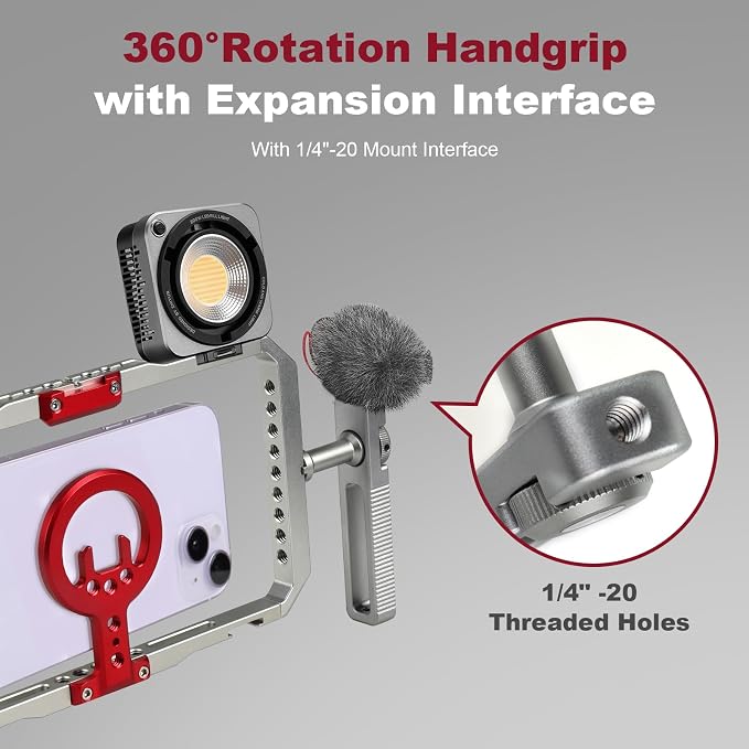 Magnetic Phone Cage with Handle,Smartphone Cage Kit with 360° Rotation Handgrip and Magnetic Sticker for Photography,Compatible with iPhone 17/16/15/14/13 Series and Andriod Phones (Silver+Red) - Image 4