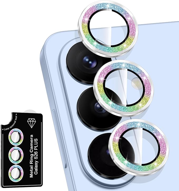 for Samsung Galaxy S26 Plus Camera Lens Protector, Individual Metal Ring Tempered Glass Lens Cover, [Strong Adsorption] Scratch Resistant Ultra-Thin HD Clear Lens Cover,1 Set-Colorful Sparkly by Btscase