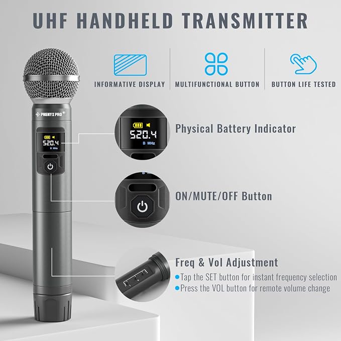 Phenyx Pro Dual UHF Tunable Freq Wireless Microphone System PTU-52-1H1B | 2 x 30 Tunable Fre, 200 ft Range, 2 Headset/Lapel Mics, Metal Cordless Mic for Singing, Karaoke, Church, Wedding, DJ Events - Image 3