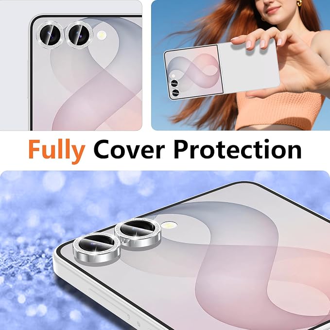 for Samsung Galaxy Z Flip 8 Camera Lens Protector, Individual Metal Ring Tempered Glass Lens Cover, [Strong Adsorption] Scratch Resistant Ultra-Thin HD Clear Lens Cover, 1 Set-Silvery Sparkly - Image 8