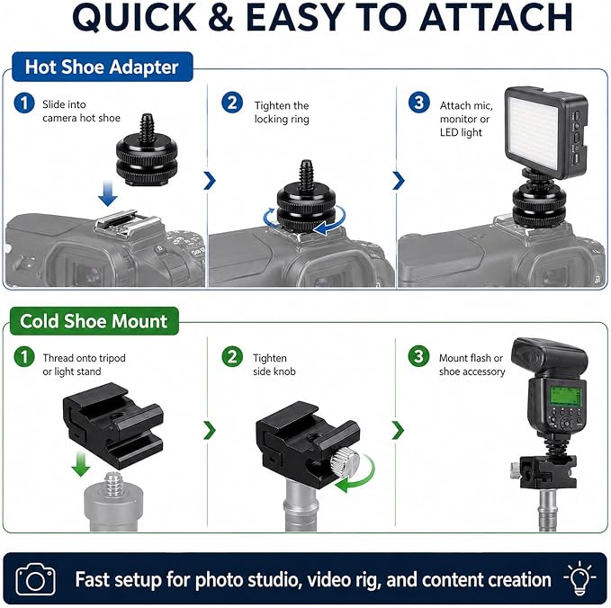 10 Pack Cold Shoe Mount & Hot Shoe Adapter, 1/4"-20 DSLR Rig Kit | 5 Cold Shoe Mounts + 5 Hot Shoe Adapters For Dslr Rigs, Tripods, Mics, Led Lights And Monitors; Secure Metal Construction - Image 7