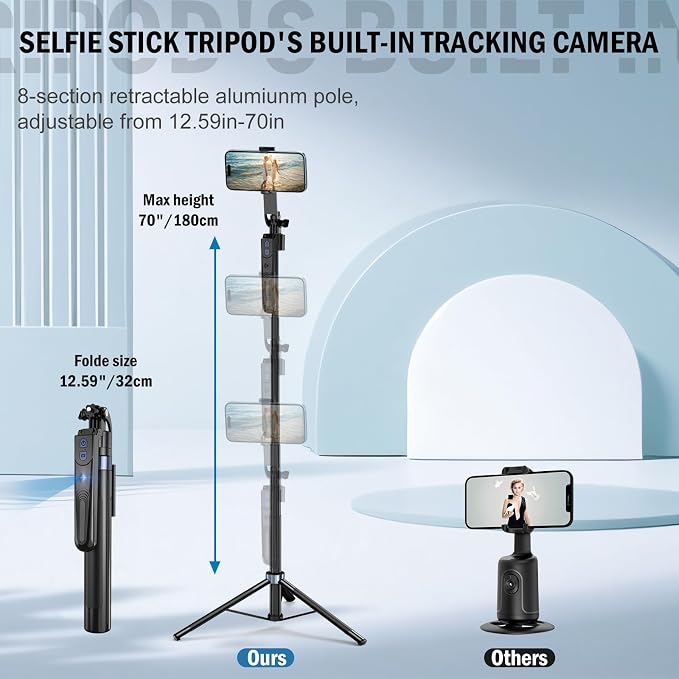 Auto Face Tracking Tripod 360 Rotation with Stand,Android and iPhone Tripod Holder with Remote and Gesture Control, No App,Built-in Tracking Camera Selfie Stick for Vlog Video Recording Tiktok - Image 4
