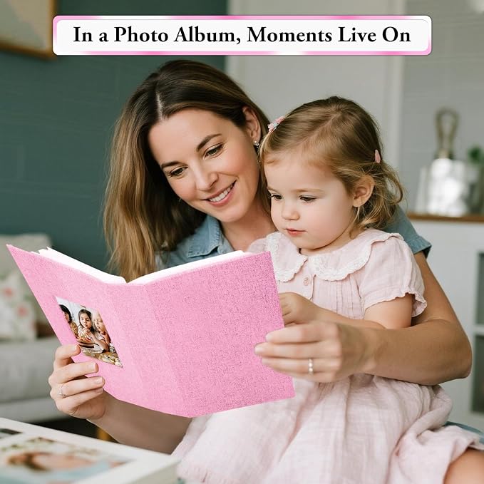 Small Photo Album 4x6,Linen Cover Slide-in Mini Photo Album Book Can Holds 100 4x6 Photos with 50 Black Sheets for Baby Family Pictures Artwork or Postcards Storage (Pink) - Image 7