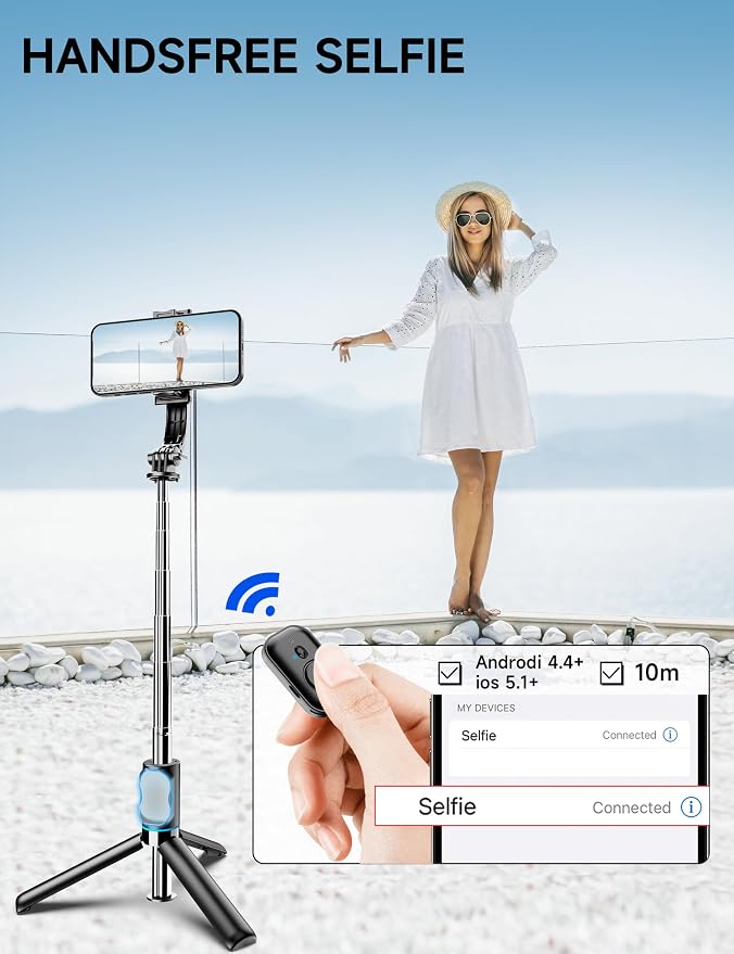 42" Selfie Stick Tripod with Fill Light Extendable Phone Stand All-in-1 Selfie Stick Travel Tripod with Detachable Remote & Phone Holder Cell Phone Tripod Compatible with iPhone/Android - Image 4