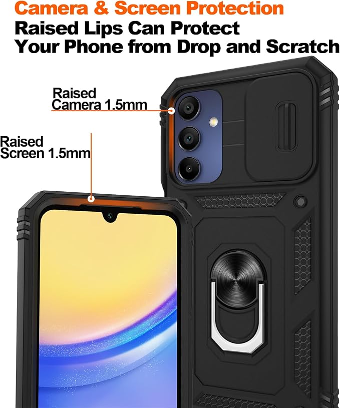 for Samsung Galaxy A15 5G Case with 2PCS Screen Protector, Build in 360° Rotating Ring Kickstand, Military Grade Protective Case for Samsung A15 Phone, Black - Image 4