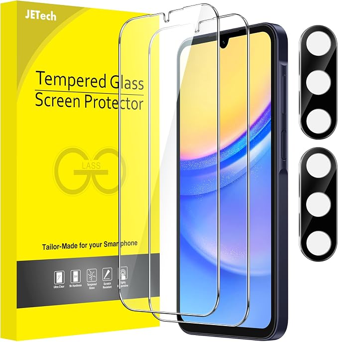 JETech Screen Protector for Galaxy A15, with Camera Lens Protector, 2+2Pack | HD Clear Tempered Glass, Anti-Scratch Protection by JETech