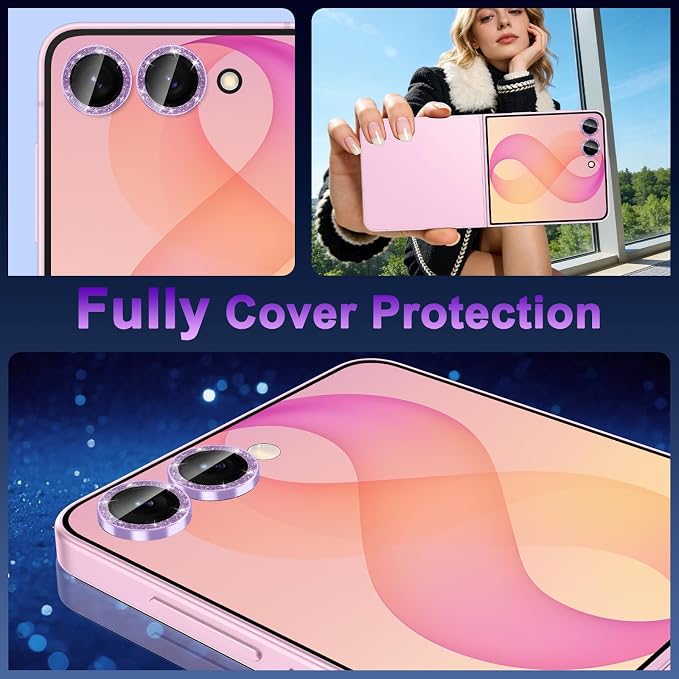 Meshine for Samsung Galaxy Z Flip 8 Camera Lens Protector,Scratch Proof,Strong Adsorption,9H Hardness with Metal Ring Camera Cover,Ultra Thin Case Friendly,Accessories Lens Protector,Glitter Purple - Image 6