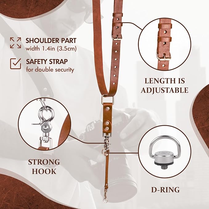 Leather Camera Strap Crossbody for DSLR, Mirrorless – Secure Dual Mount, Quick Release for Professional Photography - Image 2