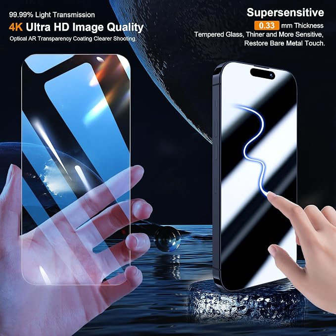 QHOHQ 3 Pack Screen Protector for iPhone 15 Pro Max [6.7 Inch] with 3 Pack Camera Lens Protector, Tempered Glass Film, HD Clear, 9H Hardness, No Bubbles, Case Friendly - Image 2