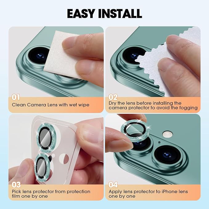 for iPhone 16/16 Plus Camera Lens Protector Bling Glitter, Green | Individual Metal, 9H Hardness, Scratch Resistant, Shockproof, Drop Protection, Case Friendly, Stylish Accessories - Image 7