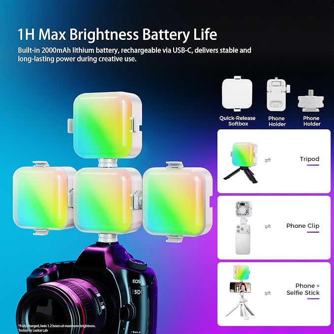 RGB Video Light, Magnetic Portable Fill Light with Clip for Phone/Laptop | LEEKAI P6 CRI 95+ 2500K-9000K, 2000mAh Rechargeable LED Camera Light for YouTube TikTok Zoom Meetings - Image 2