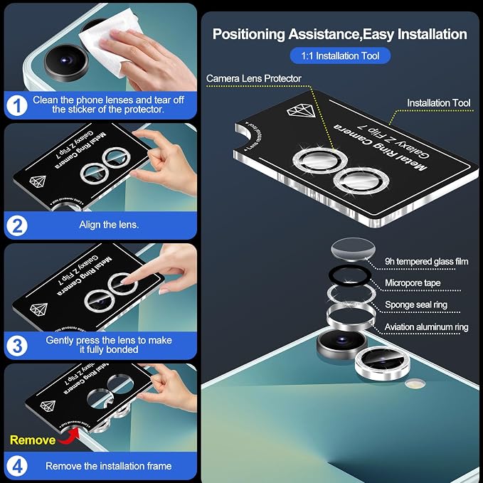 for Samsung Galaxy Z Flip 7 Camera Lens Protector, Individual Metal Ring Tempered Glass Lens Cover, [Strong Adsorption] Scratch Resistant Ultra-Thin HD Clear Lens Cover, 1 Set-Silvery Sparkly - Image 6