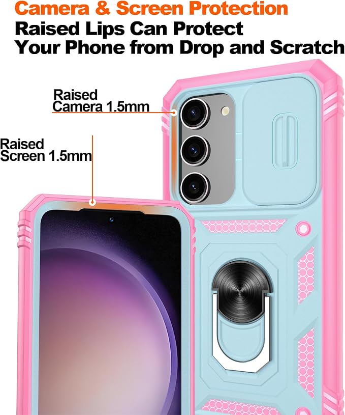 Gritup for Galaxy S23 Phone Case Military-Grade Shockproof with Kickstand | with 2 PCS Screen Protector, Slide Camera Cover, Heavy Duty Outdoor Protection Funda para Galaxy S 23 Cover-Green+Pink - Image 5