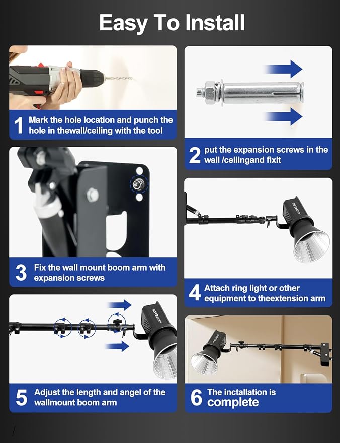 AMBITFUL 43inch/110cm Ring Light Wall Mount Triangle Boom Arm | Adjustable 180° Rotatable Studio Wall Stand with 1/4" 3/8" Screws, 5kg Load for Barbershop Live Streaming Video Shooting - Image 6