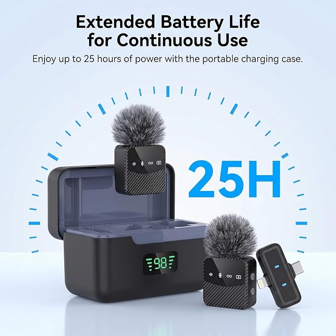 Wireless Lavalier Microphone, Mini Compact Lapel Mic with Magnetic Clip & Charging Case, 25H Long Battery Life, Noise Reduction, Dual Interface for iPhone Android Video Recording Vlogging Podcast - Image 2