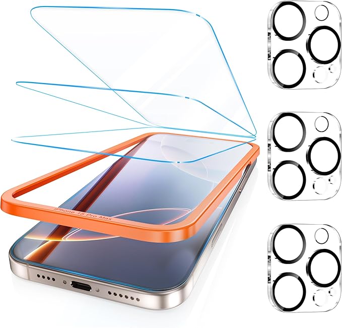 Fotbor [3+3 Pack for iPhone 15 Pro Max Screen Protector, Anti-Blue Light, [Eye Protection] 9H+ Tempered Glass with Camera Lens Protector by Fotbor