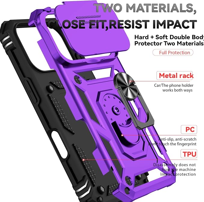 SunStory Phone Case for iPhone 17 Pro Case with HD Screen Protector & Slide Camera Cover & Rotated Ring Kickstand, [Military-Grade] Phone Case for iPhone 17 Pro, Purple - Image 8