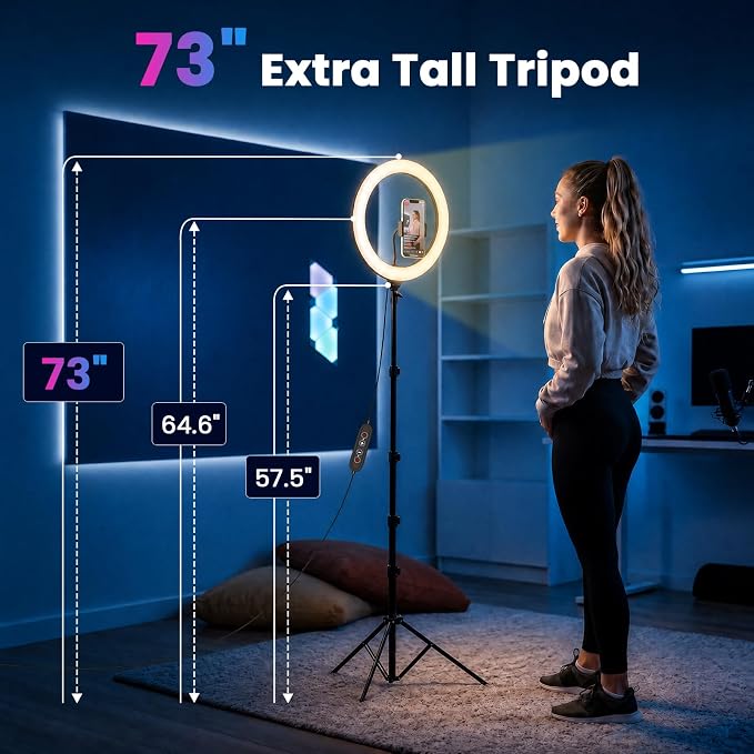 12" Selfie Ring Light with 73" Extendable Tripod Stand and Phone Holder, 38 Color Modes Dimmable RGB Ring Light,3-in-1 Desk & Floor Use for iPhone, Makeup, TikTok, YouTube, Live Streaming - Image 3