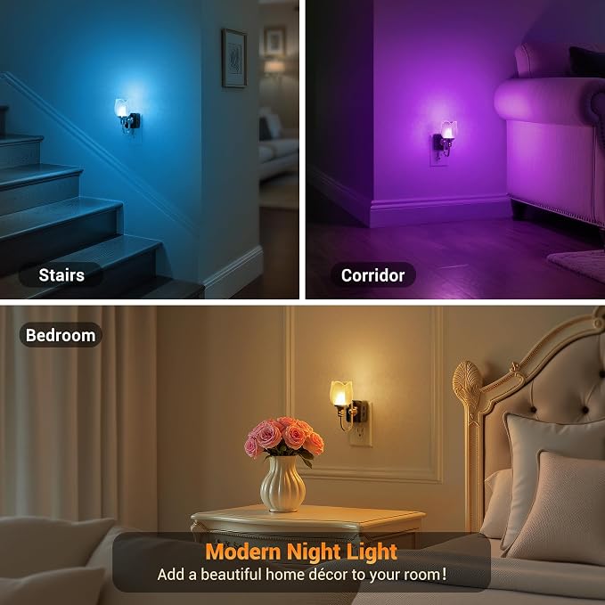 JandCase Night Light, Color Changing Night Lights Plug into Wall RGB | Glass Tulip LED Nightlight, Dimmable Flower Nightlights, Dusk to Dawn Sensor, 180° Rotating Vintage Nite Light for Bathroom - Image 5