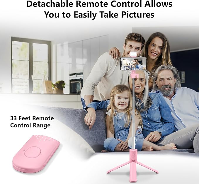 Selfie Stick Tripod, 40in Retractable Phone Tripod with Wireless Remote Control & Light, Portable Selfie Stick Tripod for Photograph, Video Recording, Compatible with All Cellphones (Pink) - Image 4