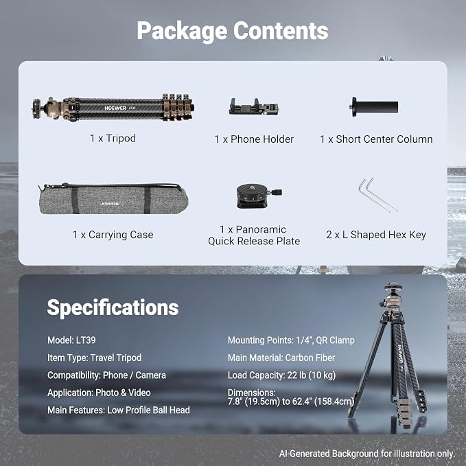 NEEWER LITETRIP Carbon Fiber Travel Tripod with Pan Tilt Low Profile Ball Head,62.4" DSLR Camera Phone Holder Stand Compatible with PD V3 Plates iPhone, 2 Center Columns,Max Load 22 lb, LT39 - Image 8
