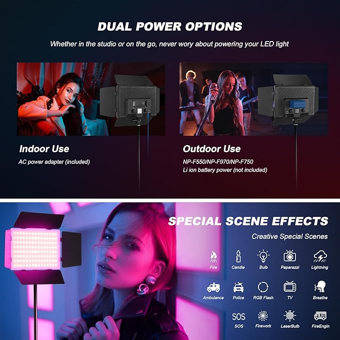 2Pack RGB LED Video Light Kit 12.6in with Barn Door RGB Photography Light | 20W/2500~8500K/14 Effect/2000lux@0.5m LED Panel Light Kit with Light Stand for Gaming Streaming Zoom YouTube Photography - Image 3