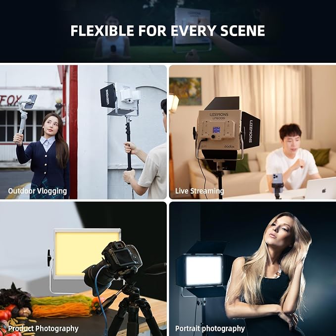 Godox LP600Bi Led Video Light Panel Light with Barndoor, 2-Pack Bi-Color 2800K~6500K 65W Soft Lights with Light Stand, APP Control CRI96+ 9020Lux LED - Image 5