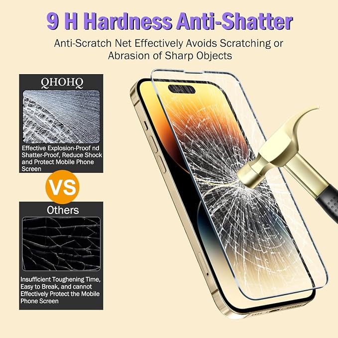QHOHQ 3 Pack Screen Protector for iPhone 14 Pro 6.1 Inch with 3 Pack Tempered Glass Camera Lens Protector, Ultra HD, 9H Hardness, Scratch Resistant, Case Friendly - Image 6