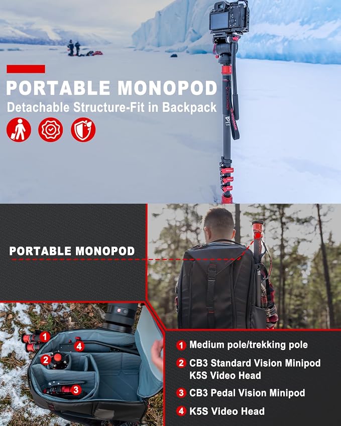 IFOOTAGE Cobra 3 A180F 71" Camera Monopod,Quick Adjust Monopod with Feet | Can as Walking Stick,CB3 Base Tripod,for Camera Photography,Travel,Payload up to 17.64 lbs/8 KG - Image 5
