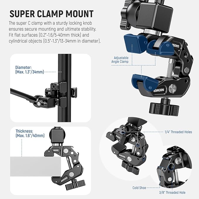 NEEWER 30" Articulating Magic Arm with Desk Super Clamp/Action Cam Mount/Phone Holder, Overhead Camera Mic Boom Stand, Compatible with GoPro iPhone DSLR Webcam Microphone Video Recording, UA056 - Image 5
