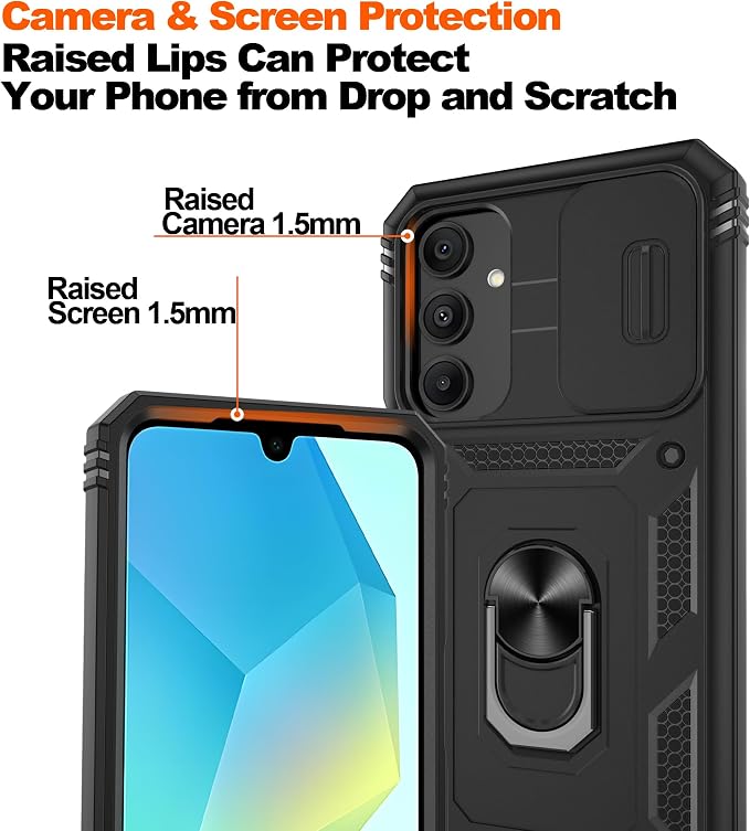 for Samsung Galaxy A06 Phone Case with 2PCS Screen Protector, Build in 360° Rotating Ring Kickstand, Military Grade Protective Case for Samsung A06 Phone, Black - Image 4
