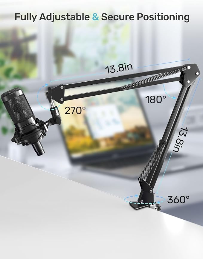 Mic Boom Arm Stand [MAX 3.3lbs] Heavy Duty Desk Scissor Mount for Streaming | for Blue Yeti, HyperX QuadCast S, SoloCast, Snowball, Fifine K669B, AT2020, Medium Arm, Desk Clamp & Cable - Image 5