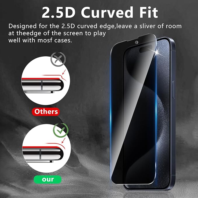 3+3 Pack Privacy Screen Protector Designed for iPhone 15 Pro With 3 Pack Camera Lens Protector,Full Coverage Anti-Spy Tempered Glass Film,9H Hardness,Bubble Free,Easy to Install - Image 2