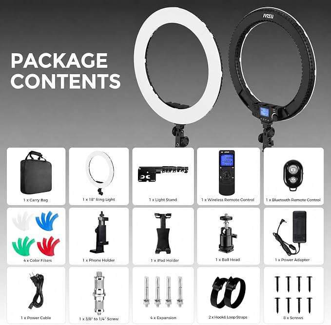 18” Ring Light with Wall Mount Stand and Wireless Remote, 4 Color Filters Bi-Color LCD Display 60W 3000-5800K CRI≥97 Light Ring for Video Recording/Photography/Beauty Shop/Tattoo/Barber | Bi-Color LCD Display 60W 3000-5800K CRI≥97 Light Ring for Video ... - Image 8