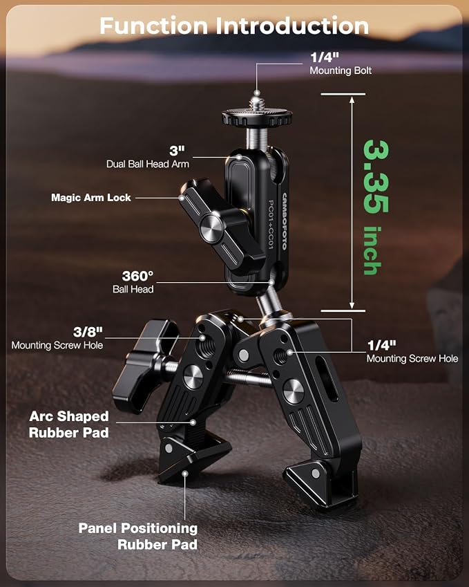 CAMBOFOTO Super Clamp Camera Clamp Mount, 360° Dual Ball Head Magic Arm | Action Camera Adapter & Phone Holder Included, 1/4" & 3/8" Threads for DSLR/GoPro/Lights/Insta360/Tripod/Desk/Handlebar/Pole - Image 4